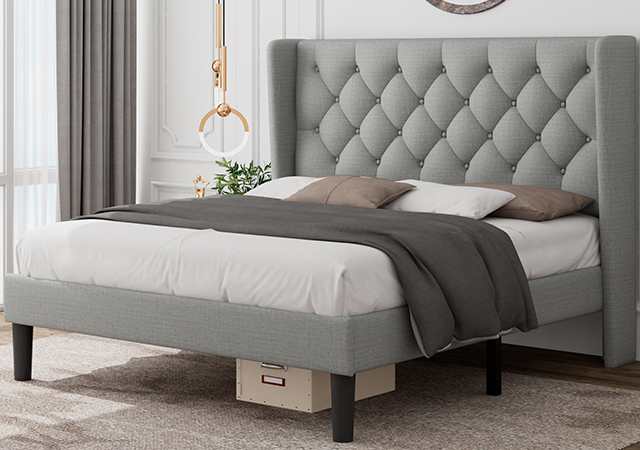 Feonase WingBack Bed Frame, Upholstered Platform Bed Frame with Diamond Tufted Headboard, Heavy Duty Bed Frame, Wood Slat Support, Easy Assembly, Noise-Free, No Box Spring Needed