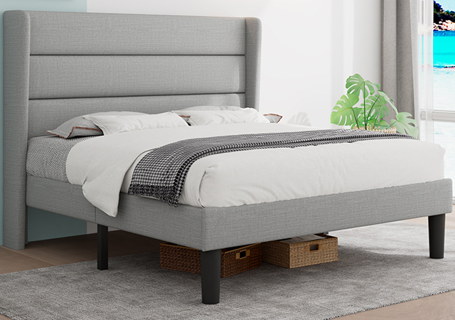 Feonase Upholstered Bed Frame, Fabric Platform Beds Frame with Thicker Headboard, Wooden Slat Support, Mattress Foundation, Box Spring Optional, Easy Assembly, Noise-Free