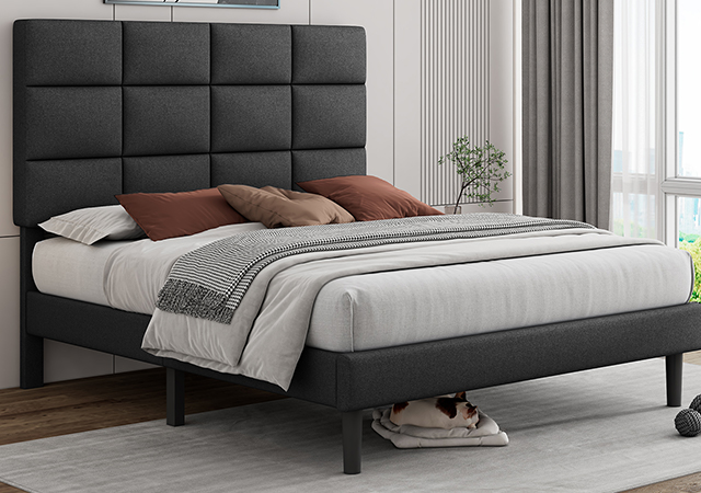 Feonase Upholstered Bed Frame, Platform Bed with Fabric Tufted Headboard, Heavy Duty Bed Frame, Wood Slats Support, Noise Free, No Box Spring Needed, Easy Assembly