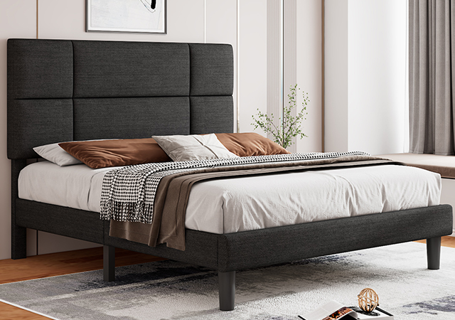 Feonase Nature Fabric Upholstered Bed Frame, Heavy Duty Bed Frame with Adjustable Headboard and Sturdy Wood Slat, Non-Slip, Noise-Free, No Box Spring Needed, Easy Assembly