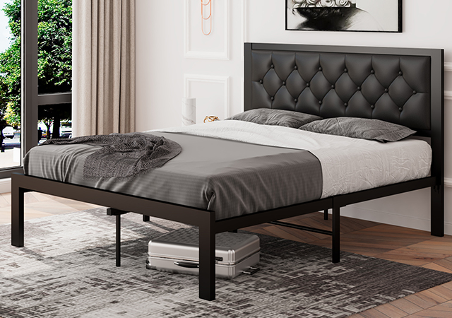 Feonase Metal Platform Bed Frame with 12'' Storage, Faux Leather Headboard with Button Tufted, Mattress Foundation, Steel Slats Support, Noise Free, No Box Spring Needed